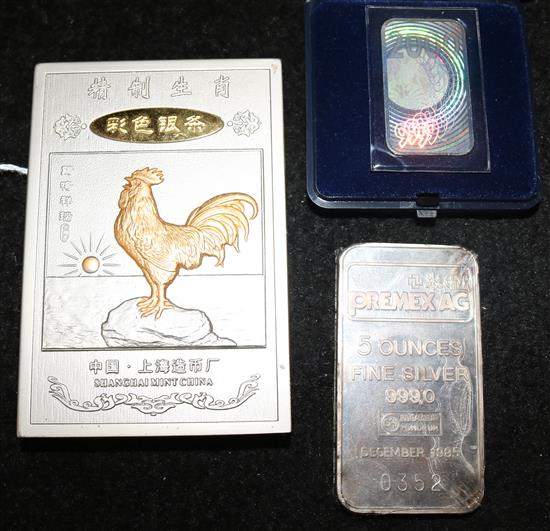 Shanghai Mint Year of the Rooster .999 silver bar (cased), a Premex 5oz silver bar and a Swiss 20gr example